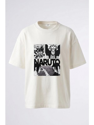 Anetos Naruto Manga Tasarım Sırt Baskılı Pamuk Beyaz Oversize T-Shirt