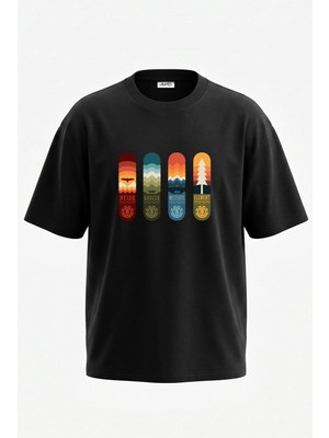 Anetos Skateboard Cizim Tasarım Sırt Baskılı Pamuk Siyah Oversize T-Shirt