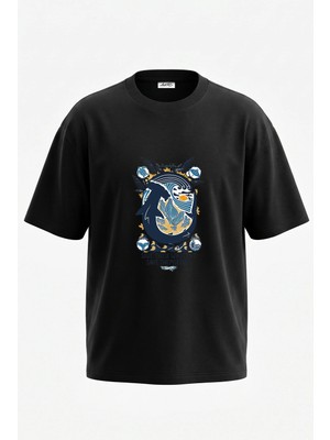 Anetos Hammerhead Shark Tasarım Sırt Baskılı Pamuk Siyah Oversize T-Shirt