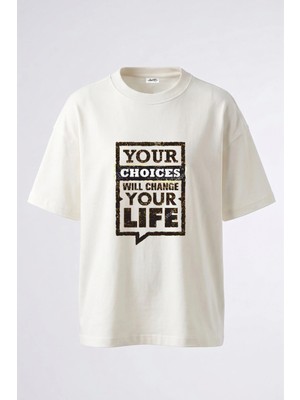 Anetos Grunge Motivational Tasarım Sırt Baskılı Pamuk Beyaz Oversize T-Shirt