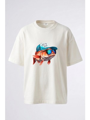 Anetos Salty Fish Tasarım Sırt Baskılı Pamuk Beyaz Oversize T-Shirt