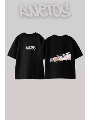 Anetos Gojo Satoru 3 Tasarım Sırt Baskılı Pamuk Siyah Oversize T-Shirt