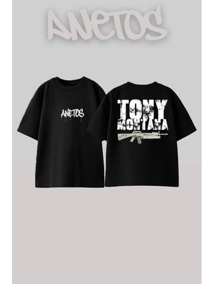 Anetos Tony Montana Guns Streetwear Tarz Sırt Baskılı Pamuklu Siyah Oversize T-Shirt