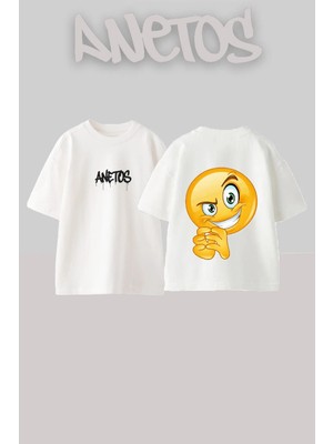 Anetos Scheming Face Tasarım Sırt Baskılı Pamuk Beyaz Oversize T-Shirt