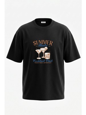Anetos Summer Cocktails Tasarım Sırt Baskılı Pamuk Siyah Oversize T-Shirt