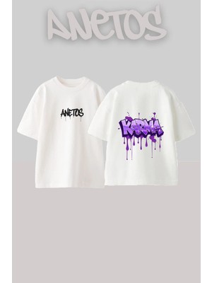 Anetos Purple Karma Tasarım Sırt Baskılı Pamuk Beyaz Oversize T-Shirt