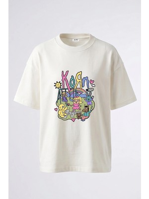 Anetos Korn Tasarım Sırt Baskılı Pamuk Beyaz Oversize T-Shirt