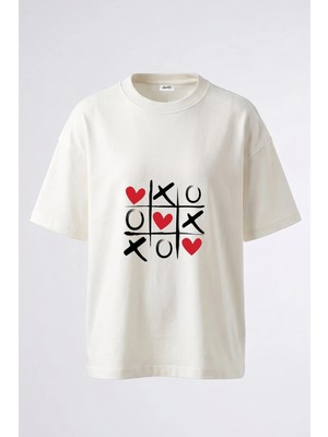 Anetos Xoxo Hearts Tasarım Sırt Baskılı Pamuk Beyaz Oversize T-Shirt