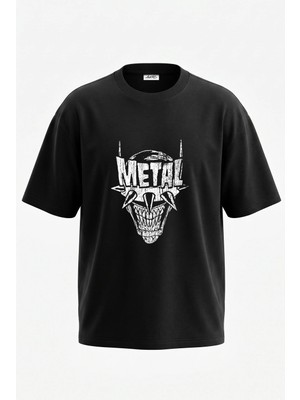 Anetos Metal Korkunc Yuz Tasarım Sırt Baskılı Pamuk Siyah Oversize T-Shirt