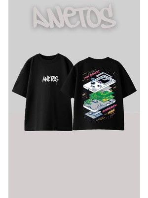 Anetos Gameboy Parts Tasarım Sırt Baskılı Pamuk Siyah Oversize T-Shirt