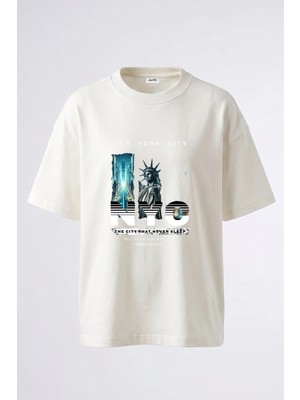 Anetos New York City_2 Tasarım Sırt Baskılı Pamuk Beyaz Oversize T-Shirt