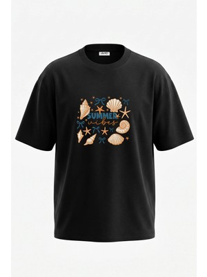 Anetos Seashells Starfish Tasarım Sırt Baskılı Pamuk Siyah Oversize T-Shirt