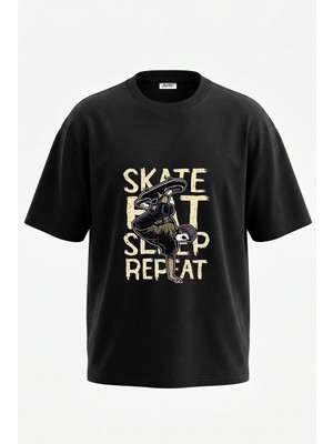 Anetos Skate Boarder Tasarım Sırt Baskılı Pamuk Siyah Oversize T-Shirt