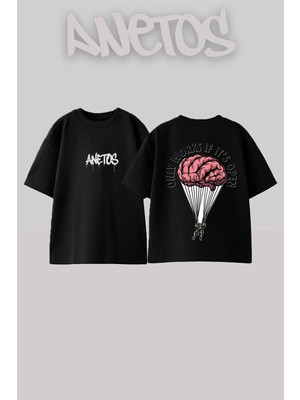 Anetos Brain Parachute Tasarım Sırt Baskılı Pamuk Siyah Oversize T-Shirt