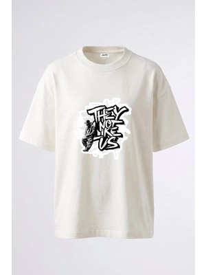 Anetos Hip Hop Grafiti Tasarım Sırt Baskılı Pamuk Beyaz Oversize T-Shirt