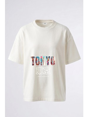 Anetos Japonya Tokyo Tasarım Sırt Baskılı Pamuk Beyaz Oversize T-Shirt