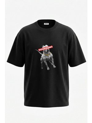 Anetos Pit Bull Underdog Tasarım Sırt Baskılı Pamuk Siyah Oversize T-Shirt