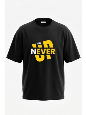 Anetos Never Give Up Tasarım Sırt Baskılı Pamuk Siyah Oversize T-Shirt