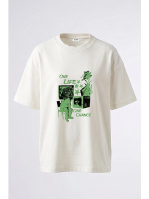 Anetos Grunge Figure Tasarım Sırt Baskılı Pamuk Beyaz Oversize T-Shirt