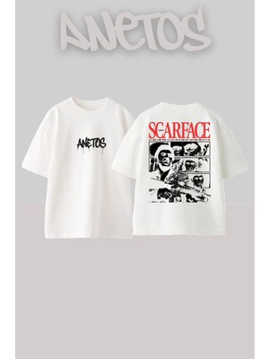 Anetos Tony Montana 1 Streetwear Tarz Sırt Baskılı Pamuklu Beyaz Oversize T-Shirt