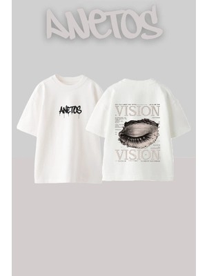 Anetos Vision Eye Tasarım Sırt Baskılı Pamuk Beyaz Oversize T-Shirt