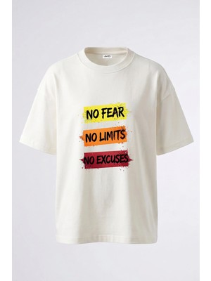 Anetos Grunge Nofear Limits Tasarım Sırt Baskılı Pamuk Beyaz Oversize T-Shirt
