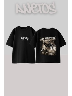 Anetos Linkin Park 4 Tasarım Sırt Baskılı Pamuk Siyah Oversize T-Shirt