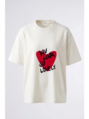Anetos You Look Lovely Tasarım Sırt Baskılı Pamuk Beyaz Oversize T-Shirt