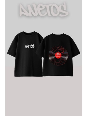 Anetos Broken Record Tasarım Sırt Baskılı Pamuk Siyah Oversize T-Shirt