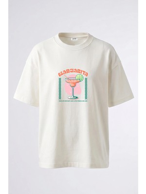 Anetos Margarita Tasarım Sırt Baskılı Pamuk Beyaz Oversize T-Shirt