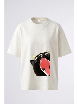 Anetos Le Chat Noir Tasarım Sırt Baskılı Pamuk Beyaz Oversize T-Shirt