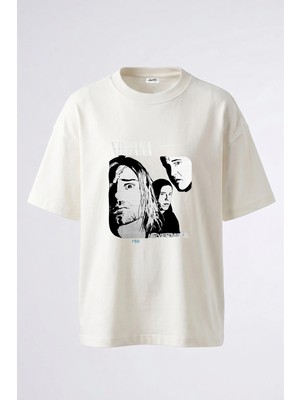 Anetos Nirvana Nevermind Tasarım Sırt Baskılı Pamuk Beyaz Oversize T-Shirt
