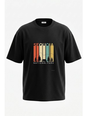 Anetos Sequoia Park Tasarım Sırt Baskılı Pamuk Siyah Oversize T-Shirt