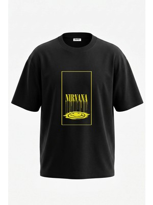 Anetos Nirvana Smiley Tasarım Sırt Baskılı Pamuk Siyah Oversize T-Shirt