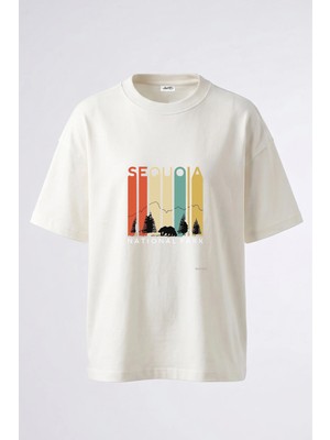 Anetos Sequoia Park Tasarım Sırt Baskılı Pamuk Beyaz Oversize T-Shirt