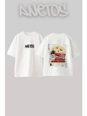 Anetos Kyoto Japan Tasarım Sırt Baskılı Pamuk Beyaz Oversize T-Shirt