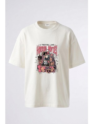 Anetos Horror Characters Tasarım Sırt Baskılı Pamuk Beyaz Oversize T-Shirt