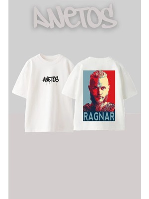 Anetos Ragnar Lothbrok 2 Tasarım Sırt Baskılı Pamuk Beyaz Oversize T-Shirt