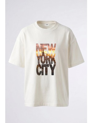 Anetos New York City_1 Tasarım Sırt Baskılı Pamuk Beyaz Oversize T-Shirt