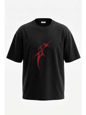 Anetos Kizil Fraktal Tasarım Sırt Baskılı Pamuk Siyah Oversize T-Shirt