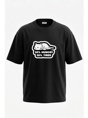 Anetos Hungry Tired Cat Tasarım Sırt Baskılı Pamuk Siyah Oversize T-Shirt