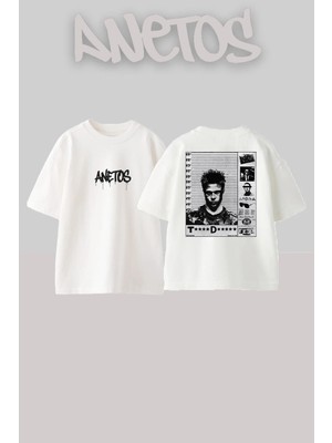 Anetos Fight Club Tyler Durden Mugshot 90S Retro Sinema Serisi Sırt Baskılı Oversize Beyaz T-Shirt