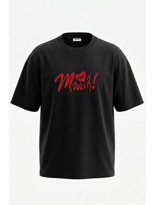 Anetos Mwah Opucuk Tasarım Sırt Baskılı Pamuk Siyah Oversize T-Shirt