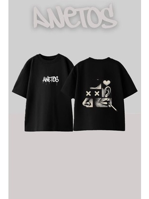 Anetos Sensory Collage Tasarım Sırt Baskılı Pamuk Siyah Oversize T-Shirt