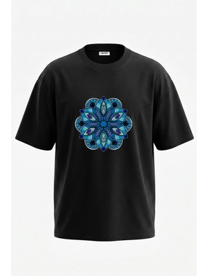 Anetos Mavi Mandala Tasarım Sırt Baskılı Pamuk Siyah Oversize T-Shirt