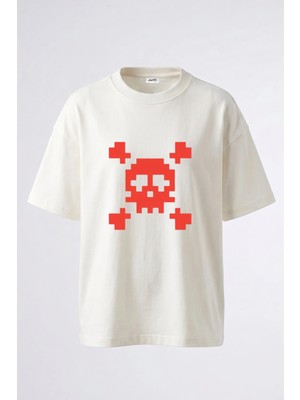Anetos Kafatasi Piksel Tasarım Sırt Baskılı Pamuk Beyaz Oversize T-Shirt
