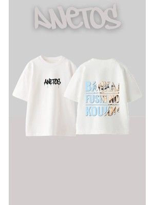 Anetos Bankai Fusen Tasarım Sırt Baskılı Pamuk Beyaz Oversize T-Shirt