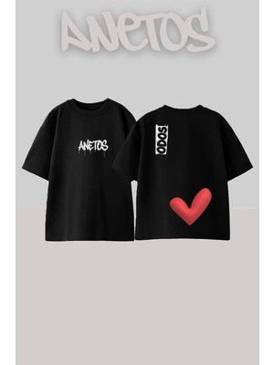 Anetos Red Heart Tasarım Sırt Baskılı Pamuk Siyah Oversize T-Shirt