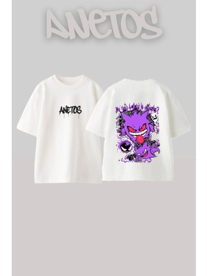 Anetos Gengar Gang Tasarım Sırt Baskılı Pamuk Beyaz Oversize T-Shirt