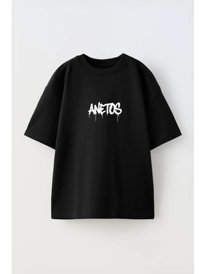 Anetos Ünisex Siyah Bisiklet Yaka Dar Kalıp Kısa Kol Baskılı T-Shirt